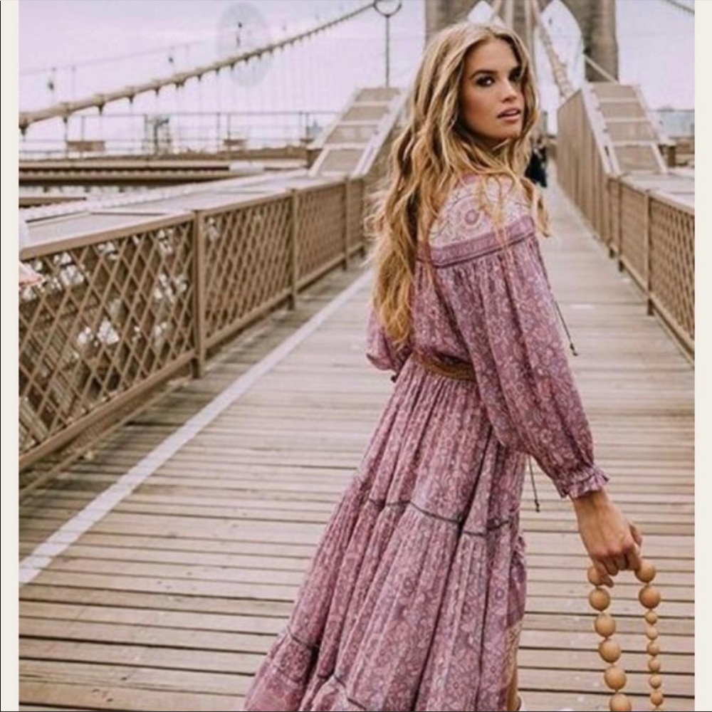Spell Dahlia Tiered Midi Peasant Dress in Mulberry Pink/Purple Floral, Small EUC - Picture 4 of 16